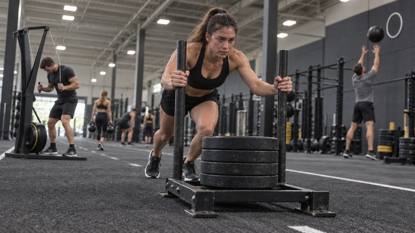Athletes practising sled pushes and functional fitness